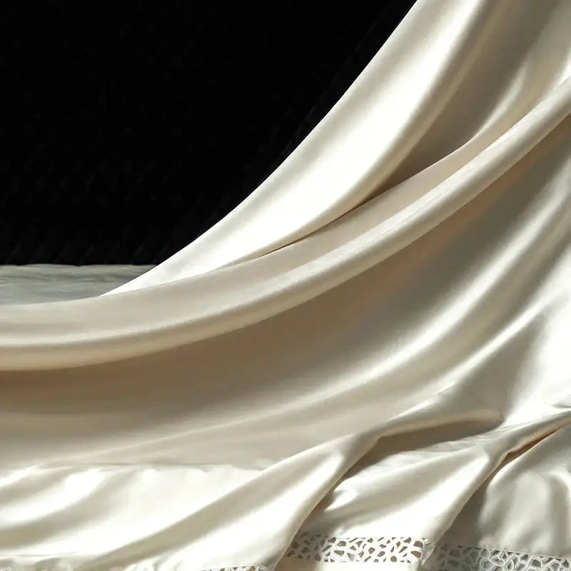 Cream and black egyptian cotton bedding set featuring cream satin fabric with subtle sheen and decorbites brocade lace trim