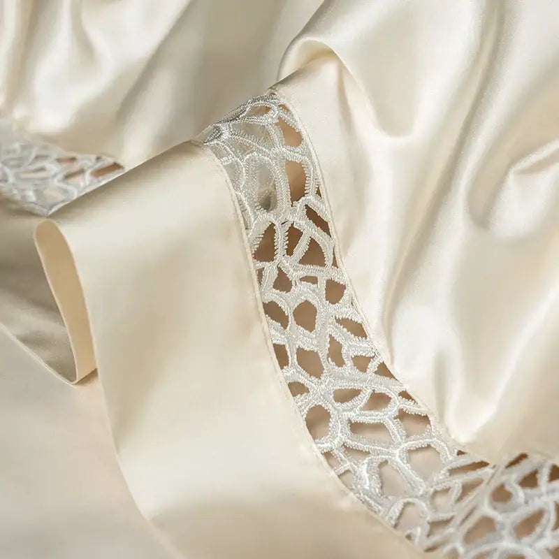 Cream egyptian cotton bedding set with cream satin fabric and delicate silver decorbites brocade lace trim on the cuff
