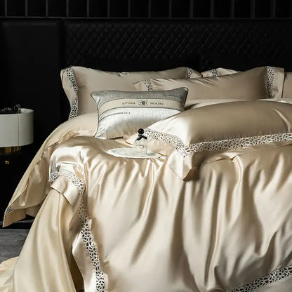 Cream and black egyptian cotton bedding set with cream satin and decorbites brocade lace trim and silver accent pillow