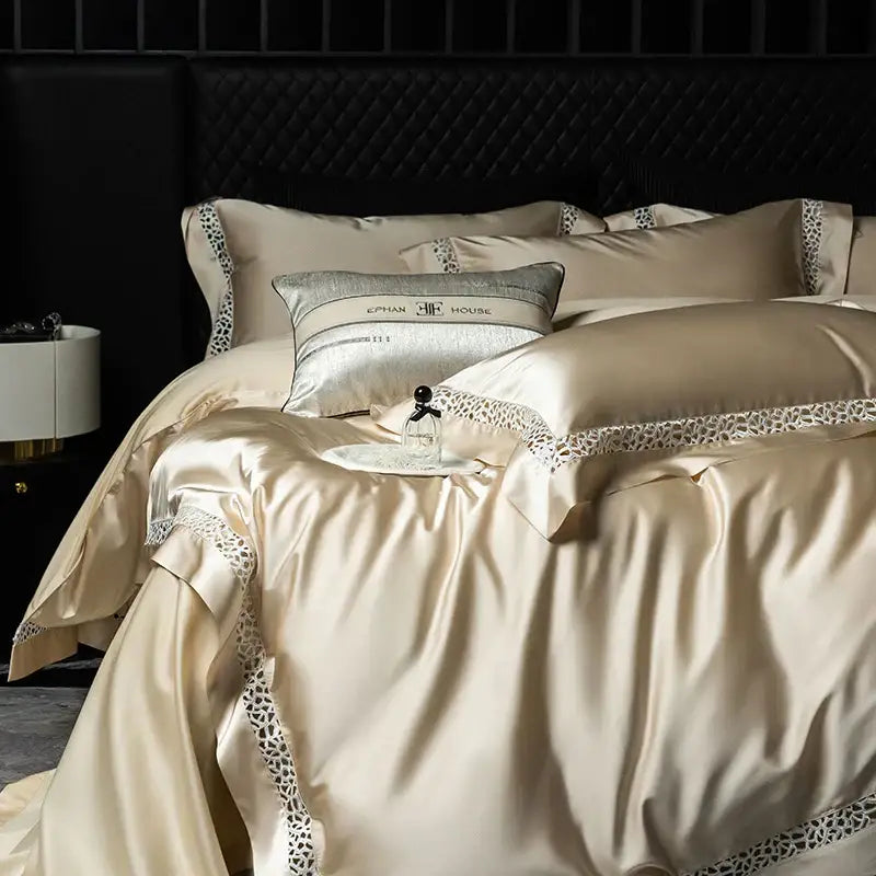 Cream and black egyptian cotton bedding set with cream satin and decorbites brocade lace trim and silver accent pillow