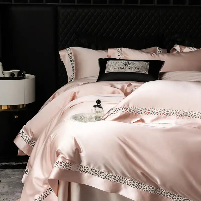 Pink satin bedding set with leopard-print lace trim and black embroidered pillow in egyptian cotton decorbites brocade lace style