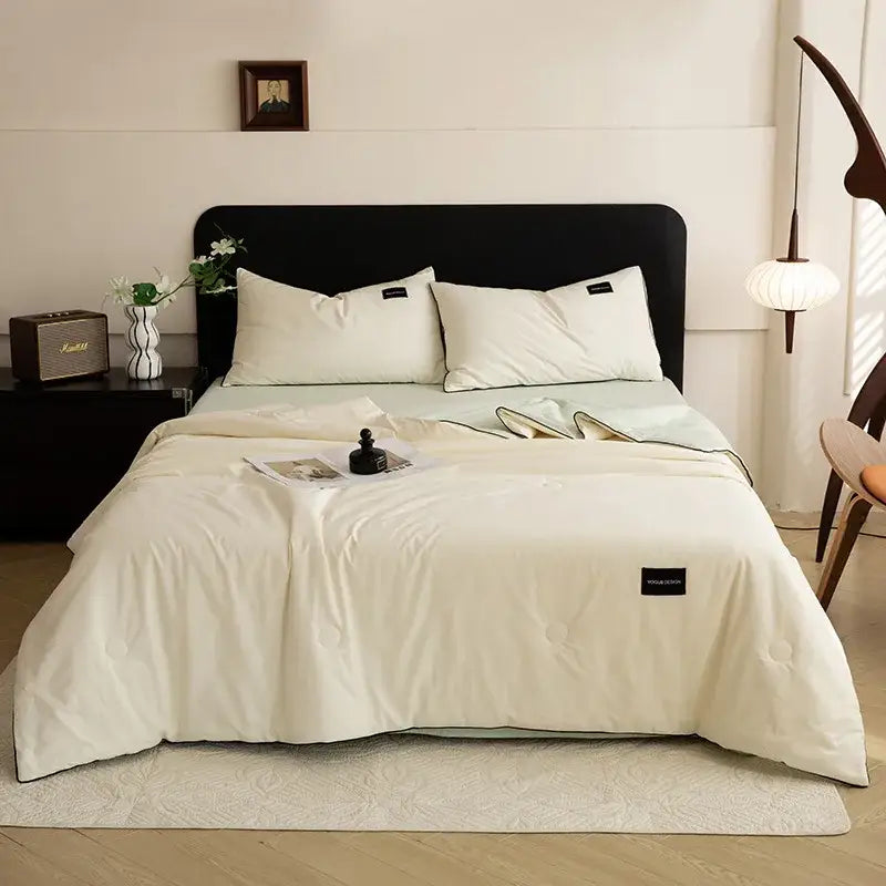 Cream and black ice cream cool feel summer quilt bedroom set with cream-colored quilted cotton duvet and matching pillowcases