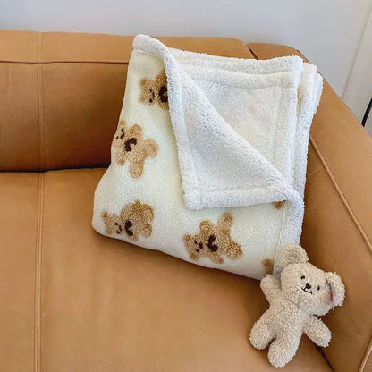 Cream and brown bear lamb plush blanket with embroidered teddy bears and soft fleece texture with fluffy border