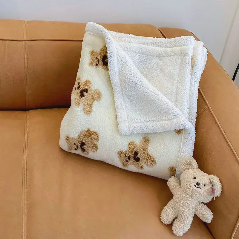 Cream and brown bear lamb plush blanket with embroidered teddy bears and soft fleece texture with fluffy border