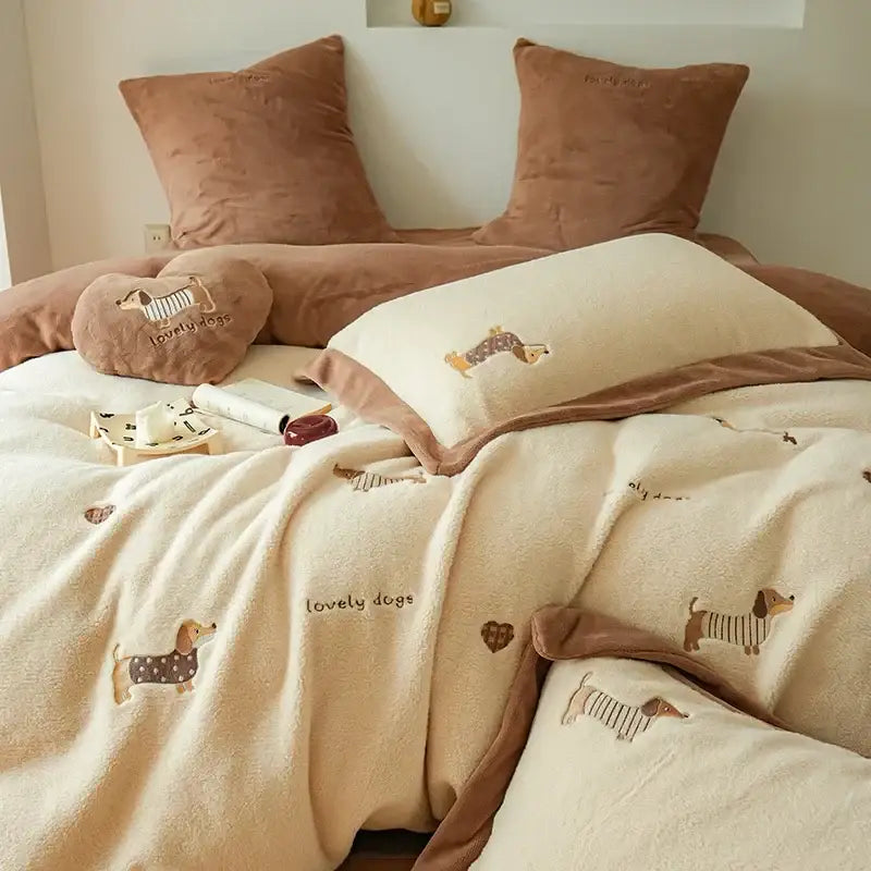 Cream and brown embroidered imitation cashmere bedding set with cream plush blanket featuring dachshund designs