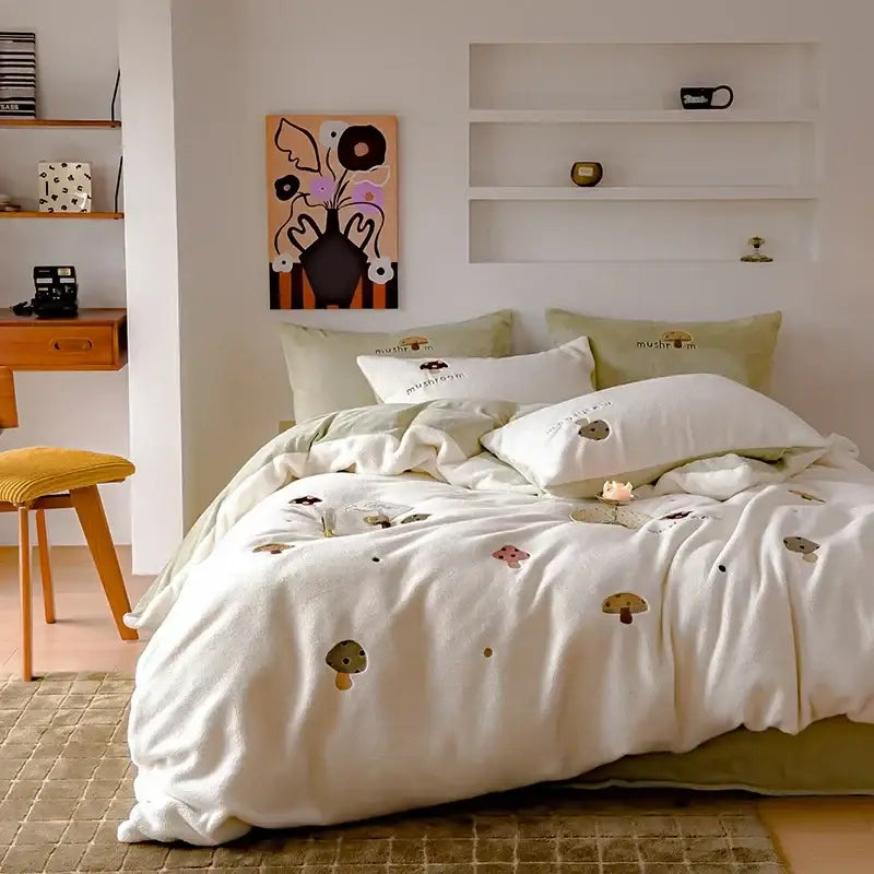 Cream-colored plush duvet cover with embroidered mushroom and leaf patterns in brown embroidered imitation cashmere bedding set
