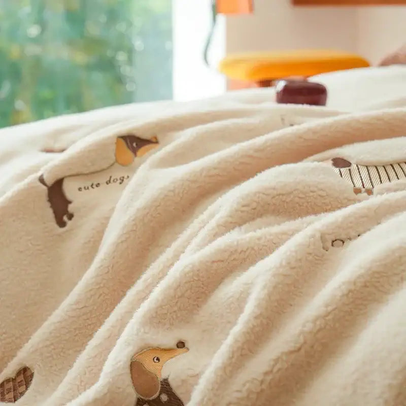 Cream and brown embroidered imitation cashmere bedding set with cream plush blanket featuring cartoon dachshund designs