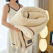 Cream and brown textured fluffy fleece blanket with quilted pattern and brown trim for bedroom decorbites fluffy fleece