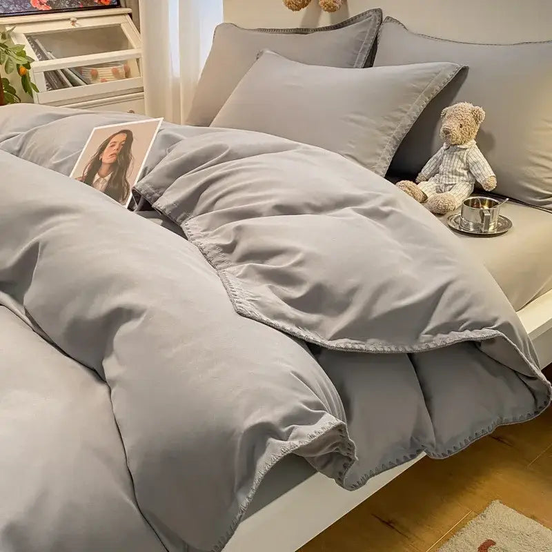 Soft gray duvet bedding set with subtle stitched hemline and cozy shell edges for decorbites cozy shell bedroom decor