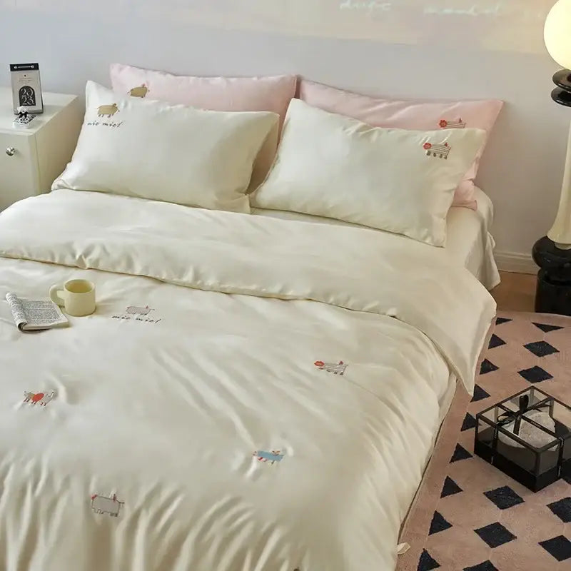Cream and green satin comforter set featuring delicate cartoon embroidery of sheep and farm animals by decorbites
