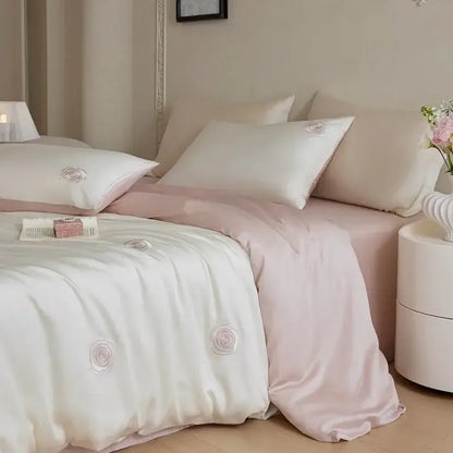 Cream and green cartoon embroidery comforter set with soft satin white and blush pink rose embroidery by decorbites