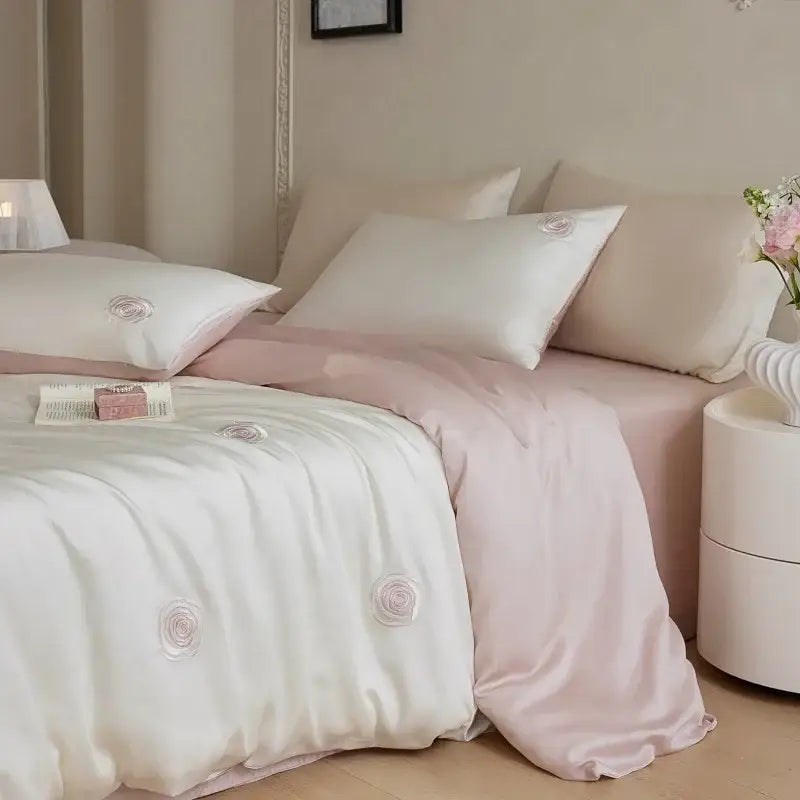 Cream and green cartoon embroidery comforter set with soft satin white and blush pink rose embroidery by decorbites
