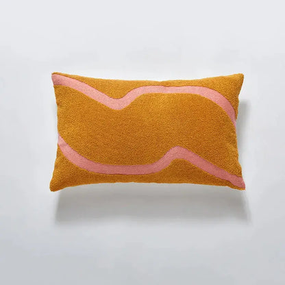 Rectangular mustard-yellow embroidered cushion cover with soft pink wavy stripe for living room decor