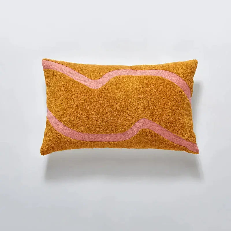 Rectangular mustard-yellow embroidered cushion cover with soft pink wavy stripe for living room decor