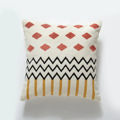 Cream throw pillow with textured terracotta diamonds black zigzags and mustard yellow stripes embroidered cushion cover