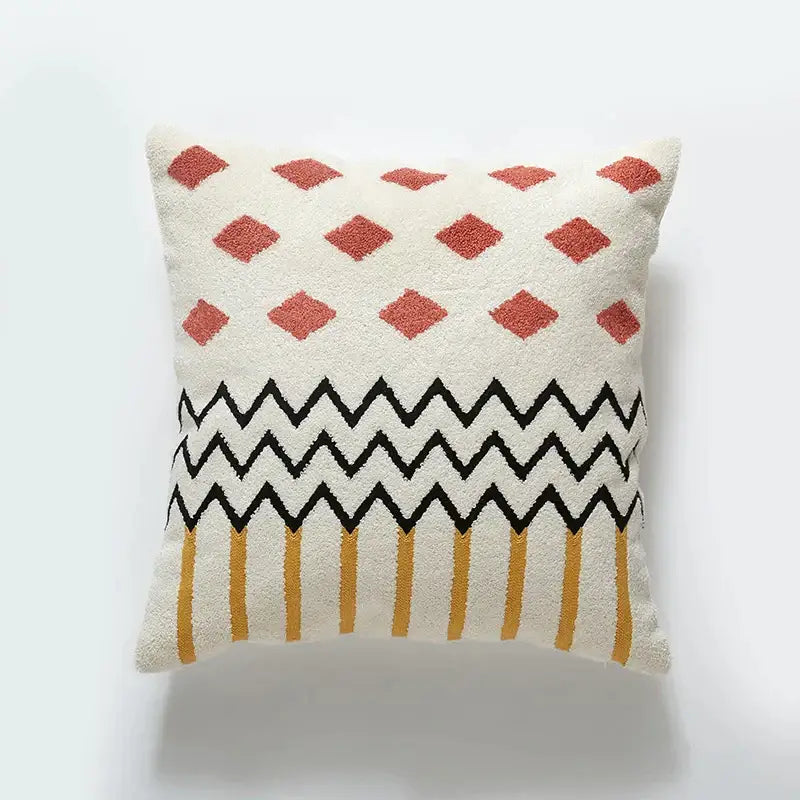 Cream throw pillow with textured terracotta diamonds black zigzags and mustard yellow stripes embroidered cushion cover