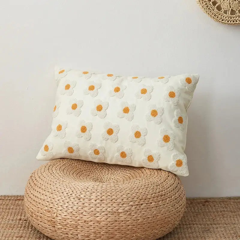 Cream cushion cover with embroidered white daisies and orange centers for living room decor embroidered cushion cover