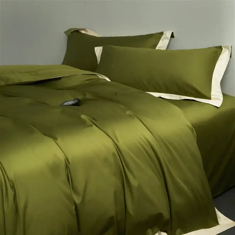 Olive green satin duvet cover set with cream piping in a cream and lavender egyptian cotton hotel style bedding set