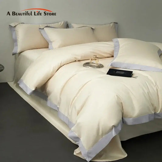 Cream and lavender egyptian cotton hotel style bedding set featuring cream satin with soft lavender trim