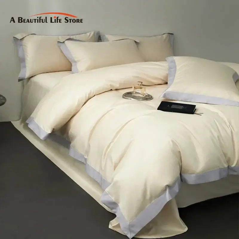 Cream and lavender egyptian cotton hotel style bedding set featuring cream satin with soft lavender trim
