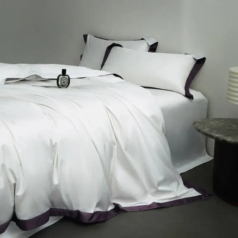 Cream and lavender egyptian cotton hotel style bedding set with white satin duvet cover and elegant purple piping edges
