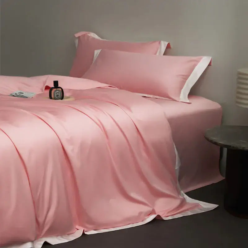 Pink satin bedding set with white trim in cream and lavender egyptian cotton hotel style bedroom collection