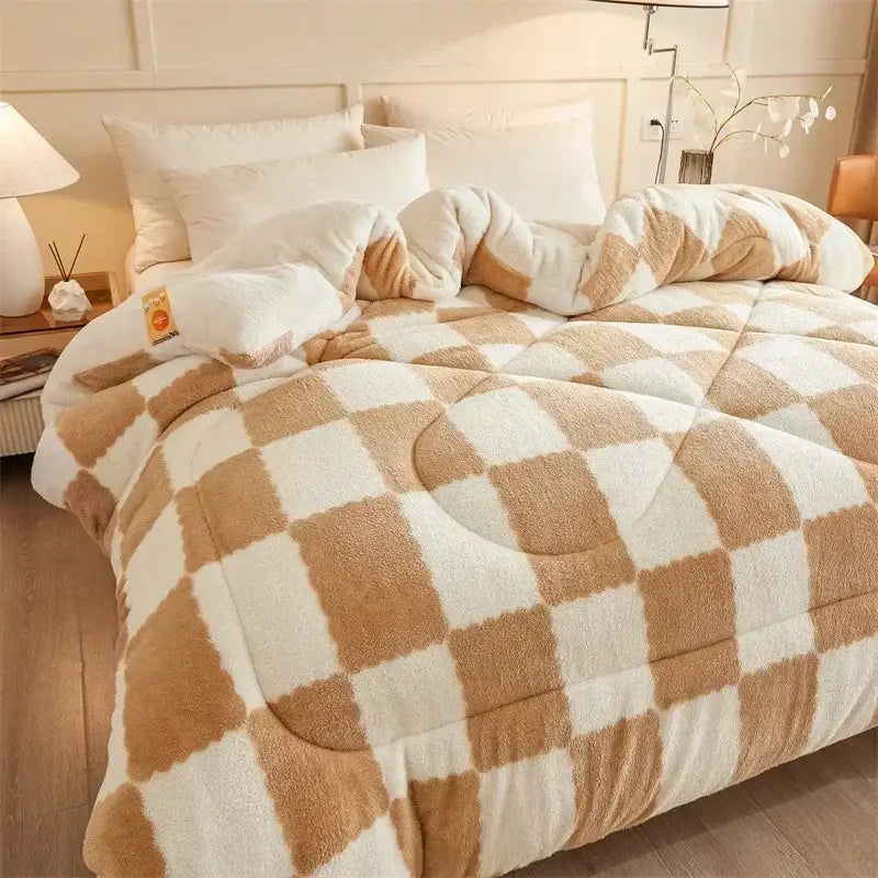Cream and tan cozy checkerboard cashmere weighted blanket with plush soft texture ideal for bedroom use by decorbites