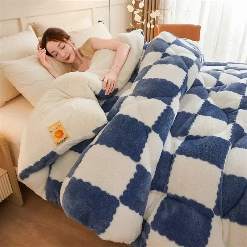 Blue and white checkered plush quilt with soft fluffy texture in decorbites cozy checkerboard cashmere weighted blanket bedroom