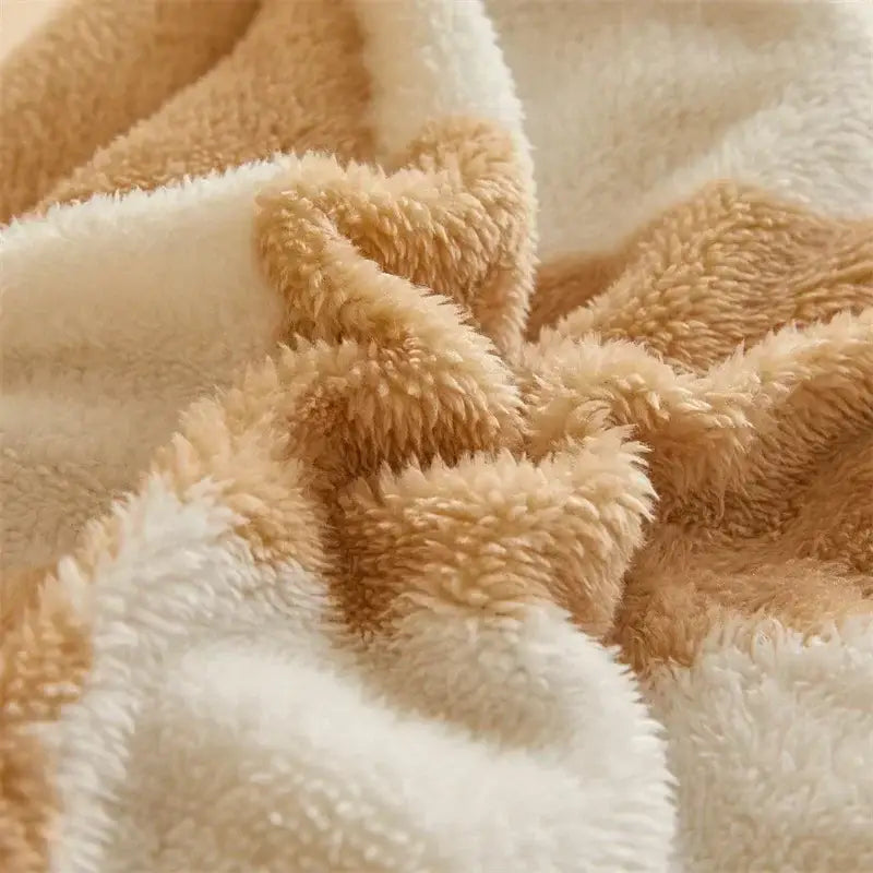 Cozy checkerboard cashmere weighted blanket in cream and tan with a soft fluffy texture perfect for bedroom use