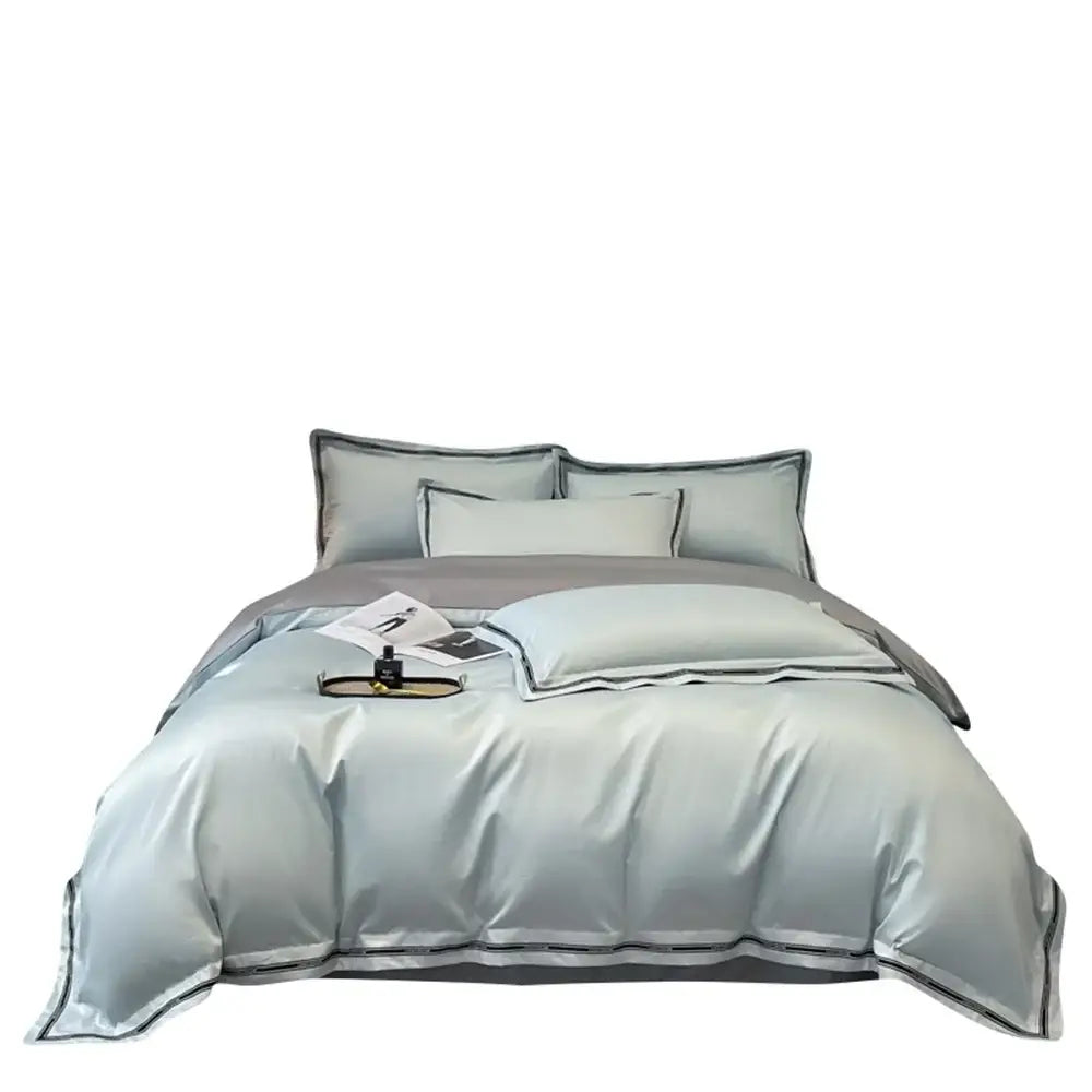 Light blue satin egyptian cotton bedding set with black piping details for elegant bedroom linens