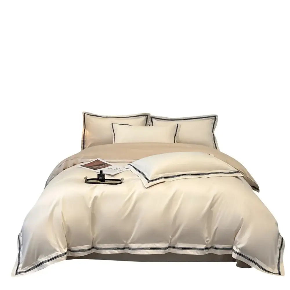 Cream and black egyptian cotton bedding set featuring cream satin with elegant black piping for luxurious bedroom linens