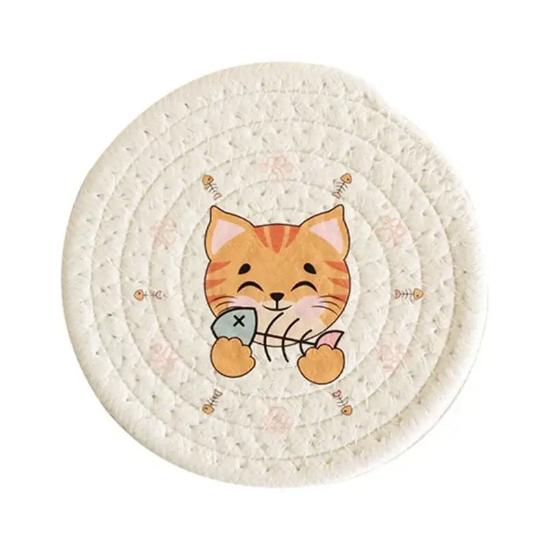 Cream braided rope cat print round coaster heat pad with cream woven mat and cheerful orange tabby cat design