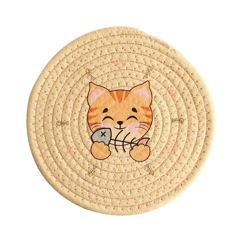 Beige woven circular cream braided rope cat print round coaster featuring an orange tabby cat holding fish bones decorbites cat print