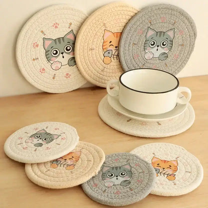 Cream braided rope cat print round coasters in beige cream and gray tones for dining room heat pad decorbites cat print