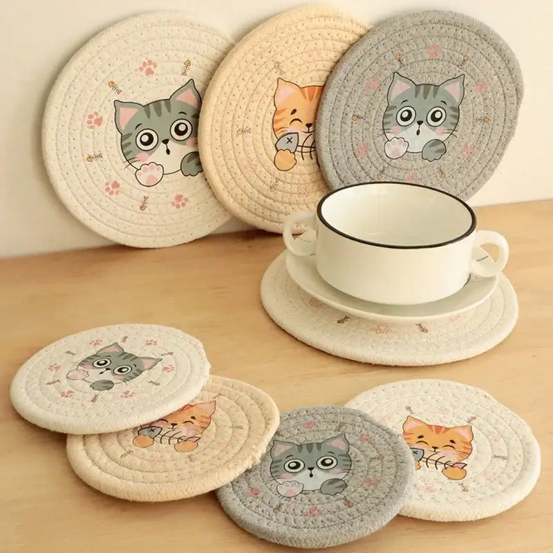 Cream braided rope cat print round coasters in beige cream and gray tones for dining room heat pad decorbites cat print