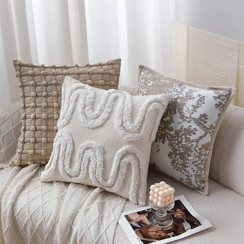 Cream-colored textured cushion cover with plush wavy embroidery from decorbites bubble plaid collection for living room decor