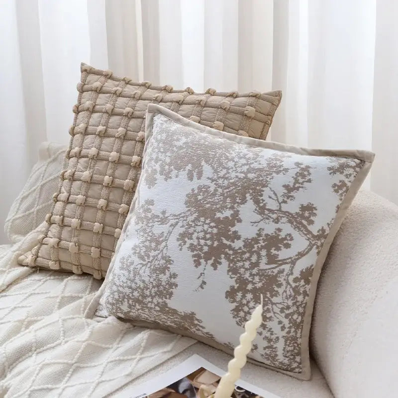 Cream bubble plaid cushion cover with beige tree branch pattern and textured woven border for living room decorbites bubble plaid