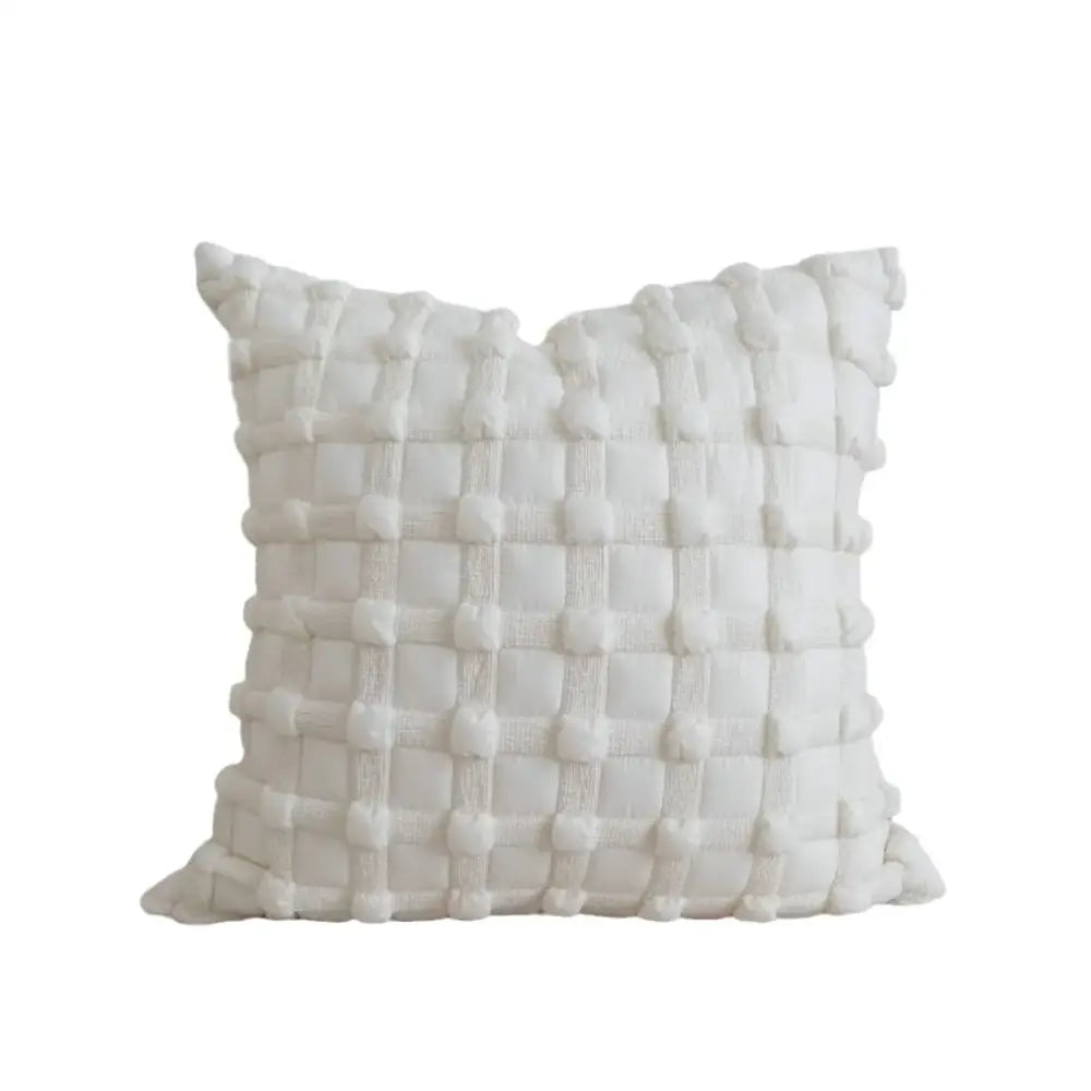 Cream bubble plaid cushion cover in white woven textured fabric with a tactile grid pattern for living room decorbites bubble plaid