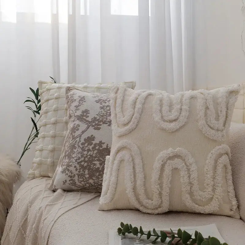 Cream bubble plaid cushion cover in cream with textured wavy fringe detailing for living room decorbites bubble plaid decor