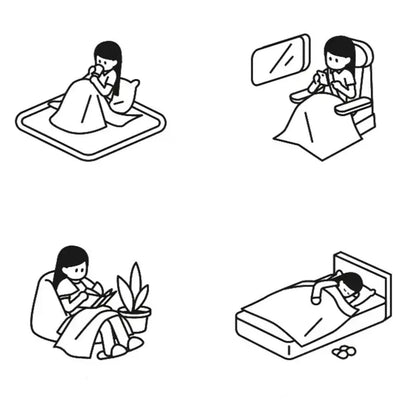 Black-and-white line art of a woman in cozy indoor scenes featuring cream bubble velvet woolen sofa blanket decorbites bubble velvet