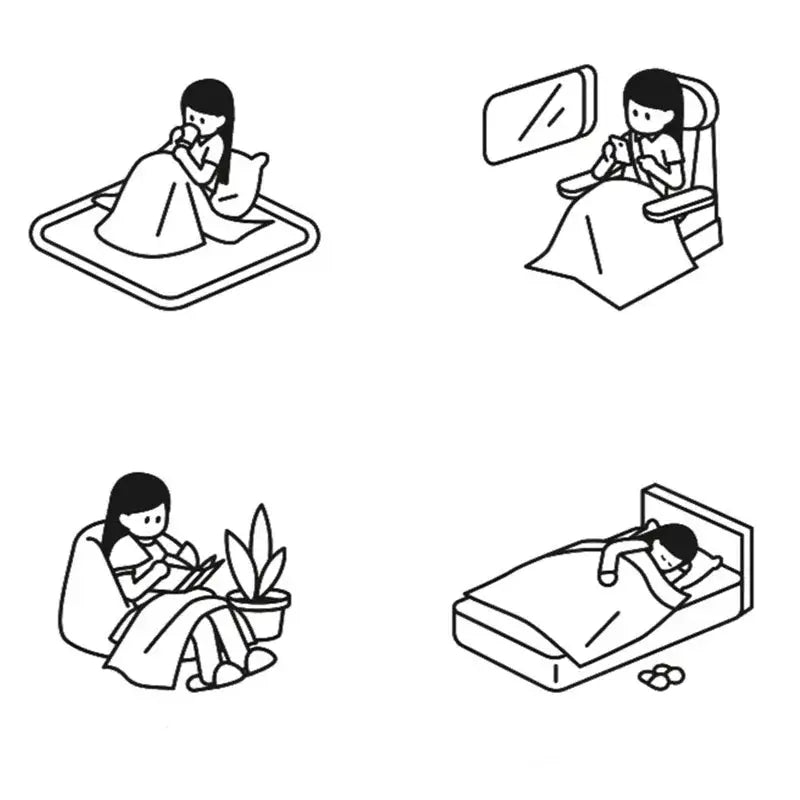 Black-and-white line art of a woman in cozy indoor scenes featuring cream bubble velvet woolen sofa blanket decorbites bubble velvet