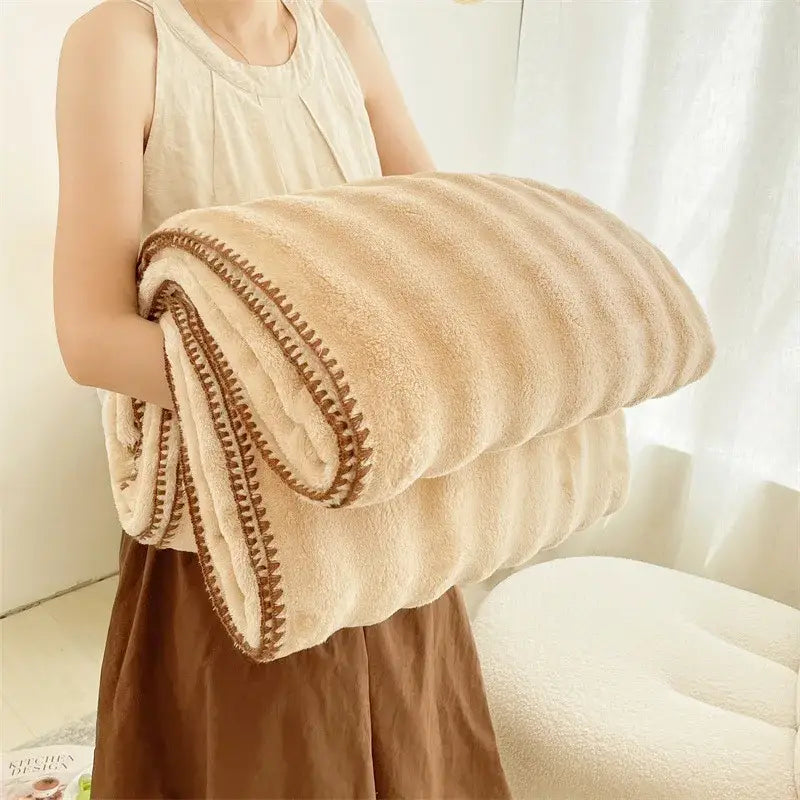 Cream bubble velvet woolen sofa blanket in cream with ribbed texture and brown zigzag stitching for living room decorbites bubble velvet