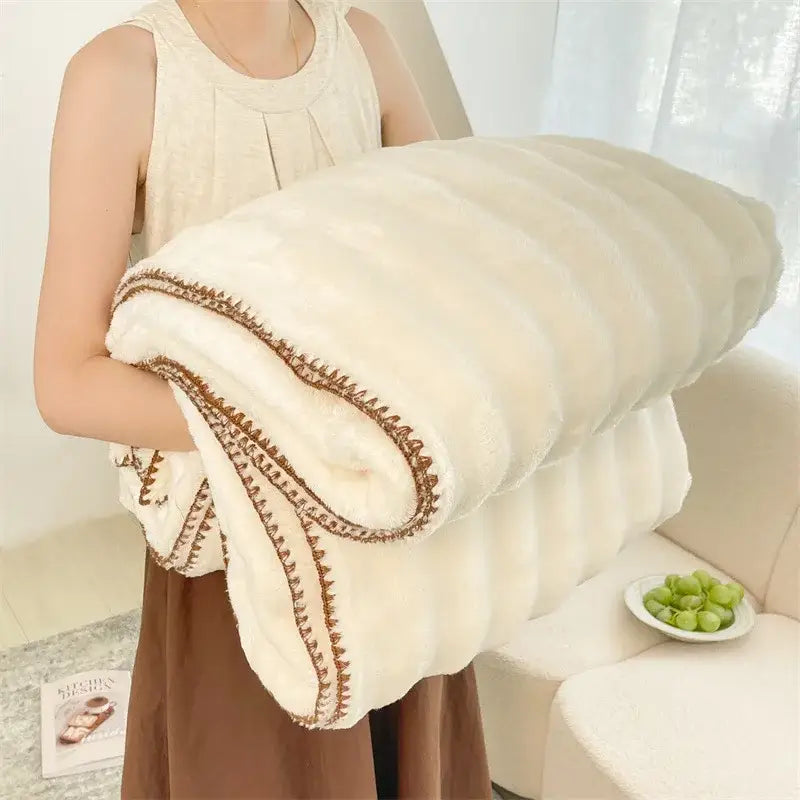 Cream bubble velvet woolen sofa blanket in cream with brown embroidered trim for stylish living room decorbites bubble velvet