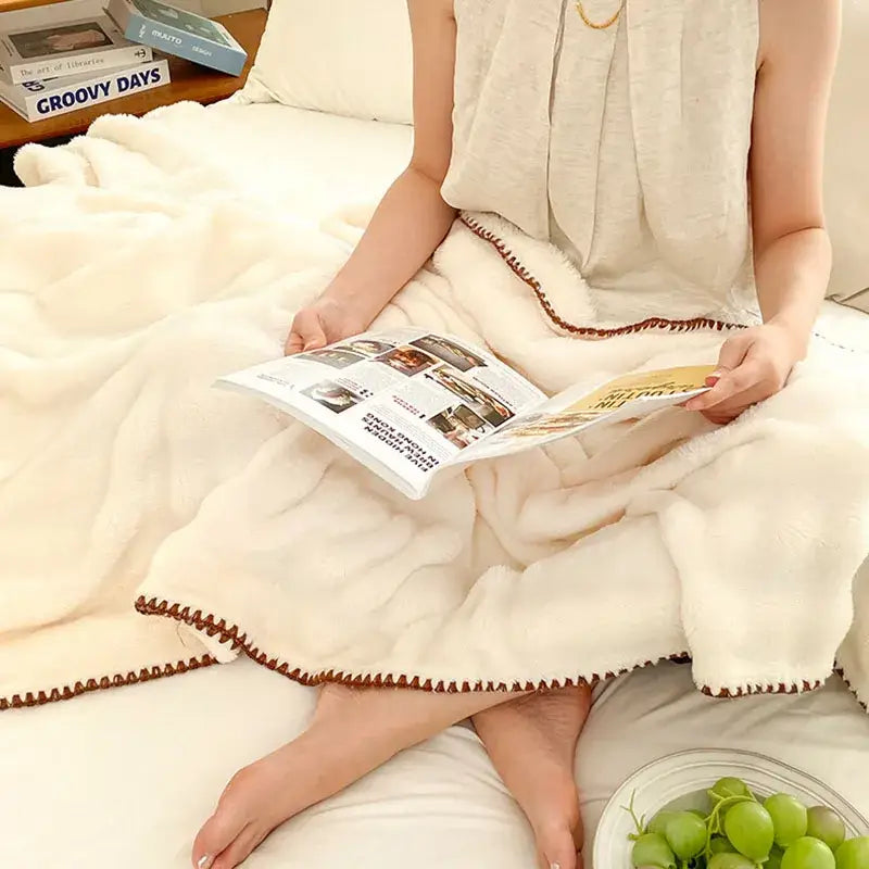 Cream bubble velvet woolen sofa blanket in cream with brown zigzag stitched border for living room decorbites bubble velvet