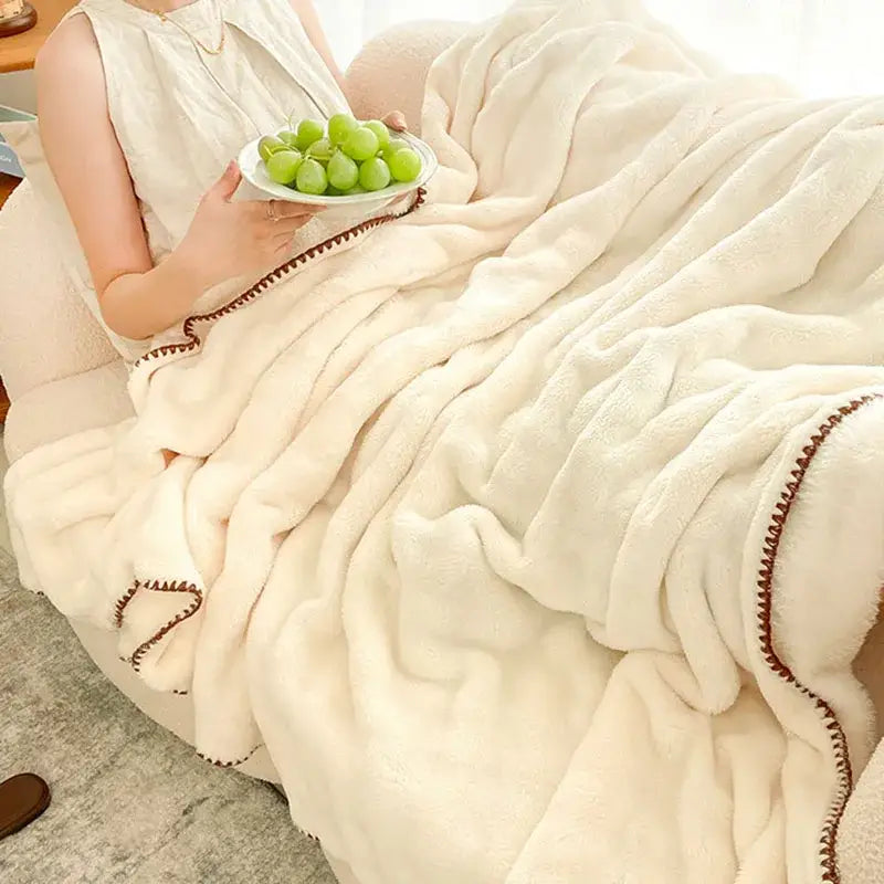 Cream bubble velvet woolen sofa blanket with cream plush texture and brown stitched trim for living room decorbites bubble velvet