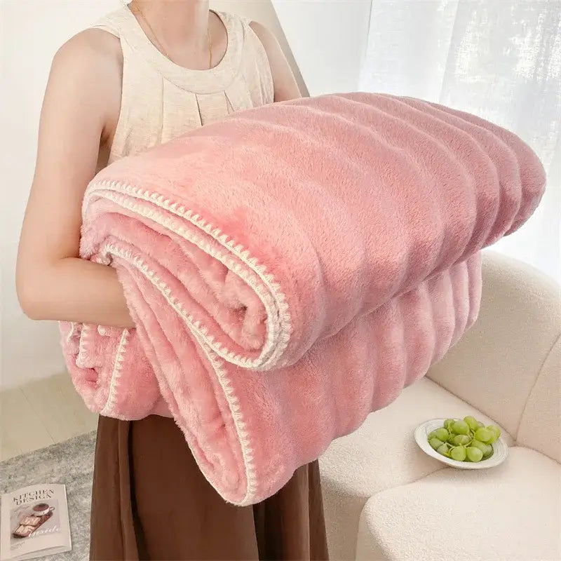Pink plush bubble velvet woolen sofa blanket with cream stitched trim for living room decorbites bubble velvet throw