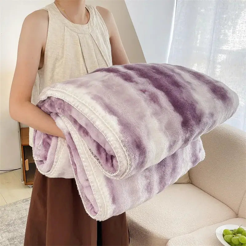 A plush lavender and white tie-dye bubble velvet woolen sofa blanket with soft fuzzy texture for living room decorbites decor