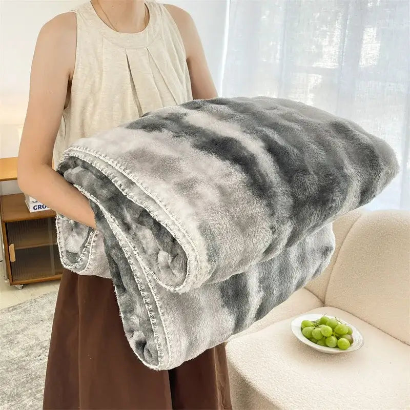 A plush gray and white tie-dye decorbites bubble velvet woolen sofa blanket with soft fuzzy texture for living room throw