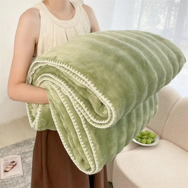 Soft mint green bubble velvet woolen sofa blanket with cream scalloped edge trim for living room decorbites throw