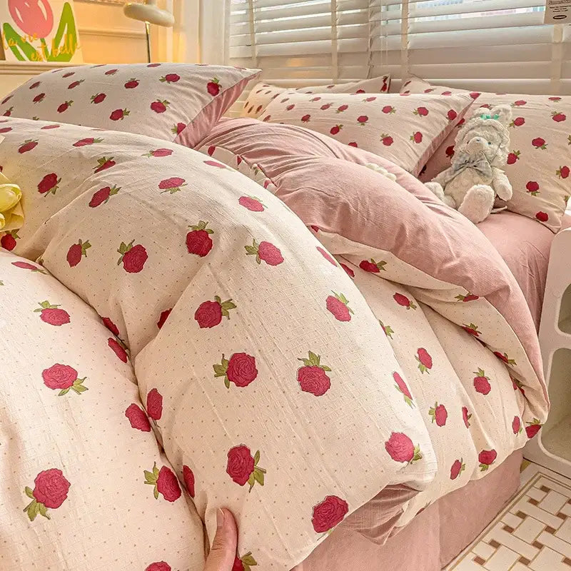 Cream-colored bedding set with red rose and subtle polka dot decorbites cartoon pattern cotton for bedroom use